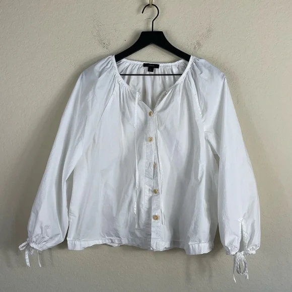 J. Crew Tie Sleeve Button Front Cotton Poplin Top in White Size Large - Picture 4 of 11